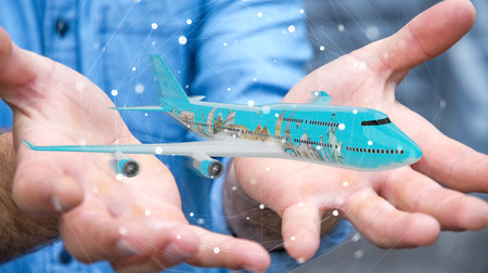 Businessman on blurred background with plane and famous landmarks of the world 3D renderingの写真素材