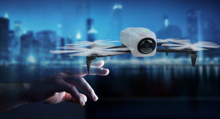 Businessman on blurred background using modern drone 3D rendering