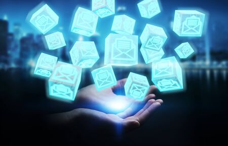 Businesswoman on blurred background using floating cube emails 3D renderingの写真素材
