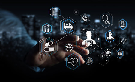 Businessman on blurred background using modern medical interface 3D rendering