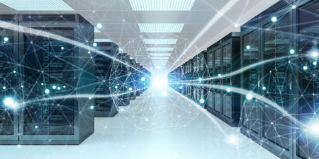 Server room center exchanging cyber datas and connections 3D rendering