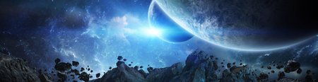 Panorama of a distant planet system from space during sunrise 3D rendering