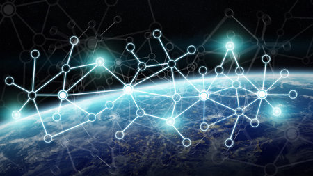 Connections system and global datas exchanges over the globe 3D rendering