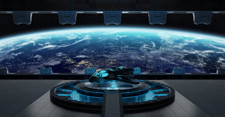 Huge blueish landing strip spaceship interior 3D rendering