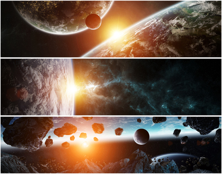 Collection of panorama of distant planet system in space 3D renderingの写真素材