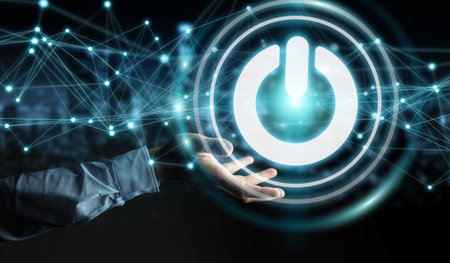 Businessman on blurred background using 3D render power button with connections