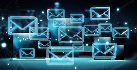Email icon interface over modern tech devices in dark background 3D rendering
