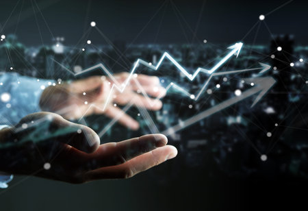 Businessman on blurred background holding hand-drawn arrow going up