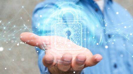 Businessman on blurred background using digital padlock with data protection 3D renderingの写真素材