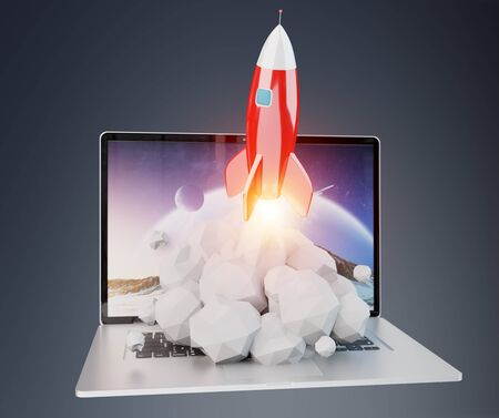 Rocket launching from a laptop isolated on grey background 3D renderingの写真素材