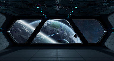 Spaceship futuristic interior with view on exoplanet 3D rendering elements of this image furnished...