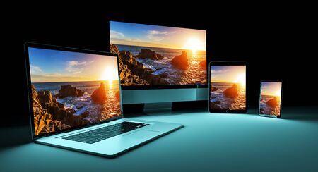 Modern digital silver tech device in dark background 3D renderingの写真素材