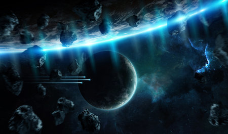 Distant planet system in space with exoplanets during sunrise 3D rendering