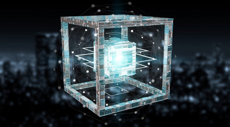 Futuristic cube technology textured object on blue background 3D rendering