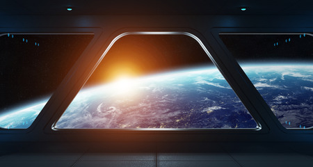 Spaceship futuristic interior with view on planet Earth 3D renderingの写真素材