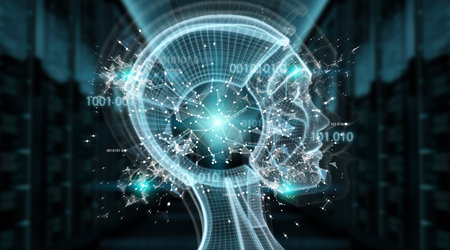 Digital artificial intelligence cyborg interface isolated on blue background 3D rendering