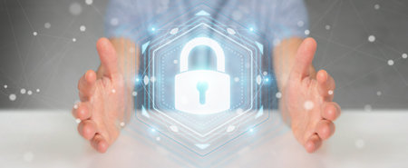 Businessman on blurred background protecting his datas with security interface 3D rendering