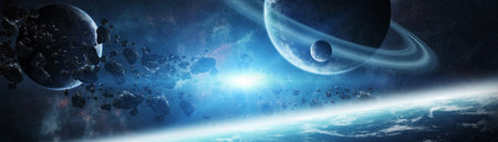 Panoramic view of planets in distant solar system in space 3D rendering