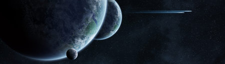 Panoramic view of planets in distant solar system in space 3D rendering