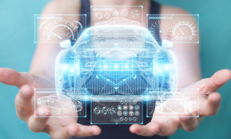 Businesswoman on blurred background modern smart car interface 3D renderingの写真素材