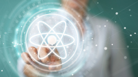 Businesswoman on blurred background using modern molecule structure 3D renderingの写真素材