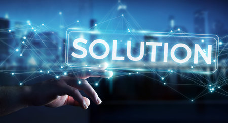Businessman on blurred background using solution digital text 3D rendering