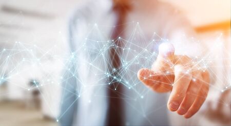 Businessman on blurred background using flying network connection 3D renderingの写真素材