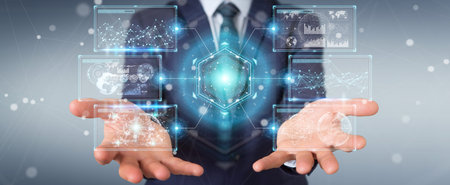 Businessman on blurred background using digital screens interface with holograms datas 3D rendering
