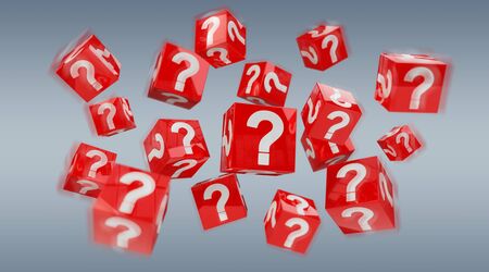 Cubes with 3D rendering question marks on grey backgroundの写真素材