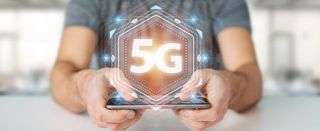 Businessman on blurred background using 5G network interface 3D renderingの写真素材