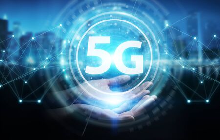 Businesswoman on blurred background using 5G network interface 3D renderingの写真素材
