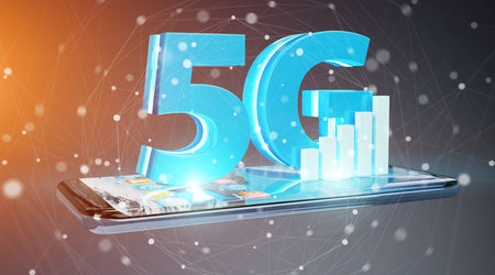 5G network with mobile phone isolated on grey background 3D rendering