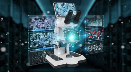 Modern digital microscope with screen analysis isolated on blue background 3D renderingの写真素材