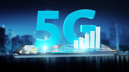5G network with mobile phone isolated on blue background 3D renderingの写真素材