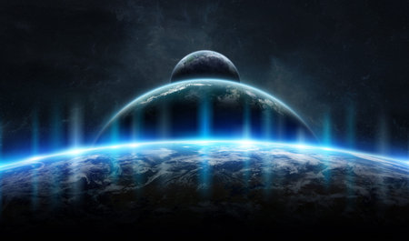 Distant planet system in space with exoplanets during sunrise 3D rendering