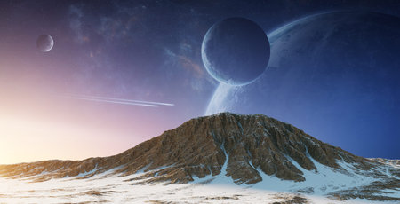 Exoplanets in space view from a mountain 3D rendering