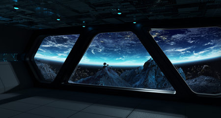 Spaceship futuristic interior with view on planet Earth 3D rendering