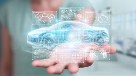 Businesswoman on blurred background modern smart car interface 3D renderingの写真素材