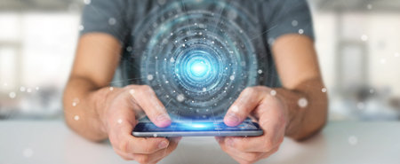 Businessman on blurred background using digital network connection interface 3D rendering