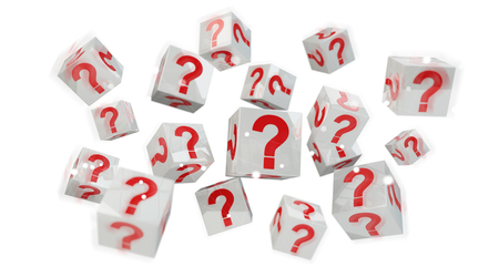 Cubes with 3D rendering question marks on white backgroundの写真素材