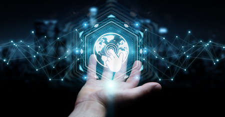 Businessman on blurred background using digital screens interface with holograms datas 3D renderingの写真素材