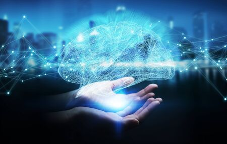 Businesswoman using digital x-ray human brain interface with cell and neurons activity 3D renderingの写真素材
