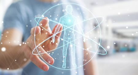 Businessman on blurred background using digital x-ray human body scan interface 3D renderingの写真素材
