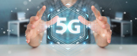 Businessman on blurred background using 5G network interface 3D rendering