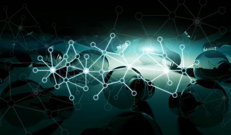 Bright lightbulb and connections illuminating other bulbs with blue light 3D renderingの写真素材