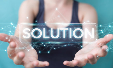 Businesswoman on blurred background using solution digital text 3D rendering