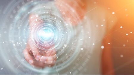 Businesswoman on blurred background using digital network connection interface 3D renderingの写真素材