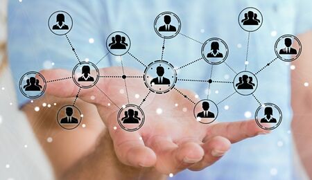 Businessman on blurred background using social network connection 3D renderingの写真素材
