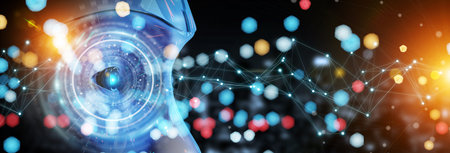 Cyborg head using artificial intelligence to create digital interface on city bokeh background 3D...