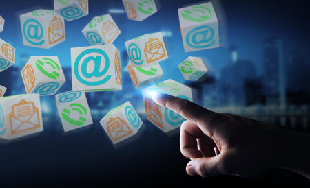 Businessman on blurred background using floating cube contact 3D rendering